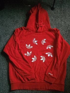 adidas Red Hoodie with White Trefoil Circle Graphic